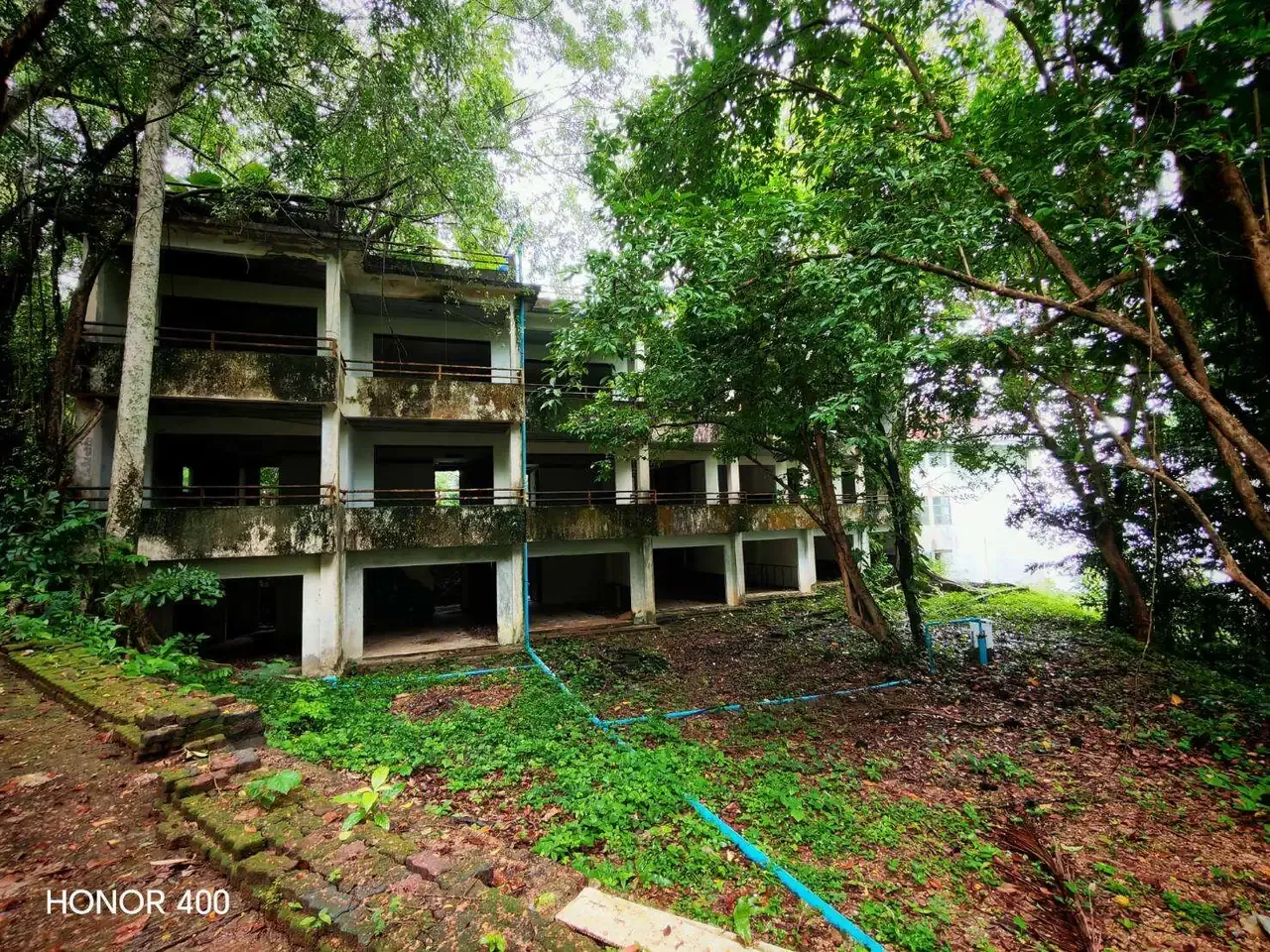 Three-storey accommodation building viewed from the garden