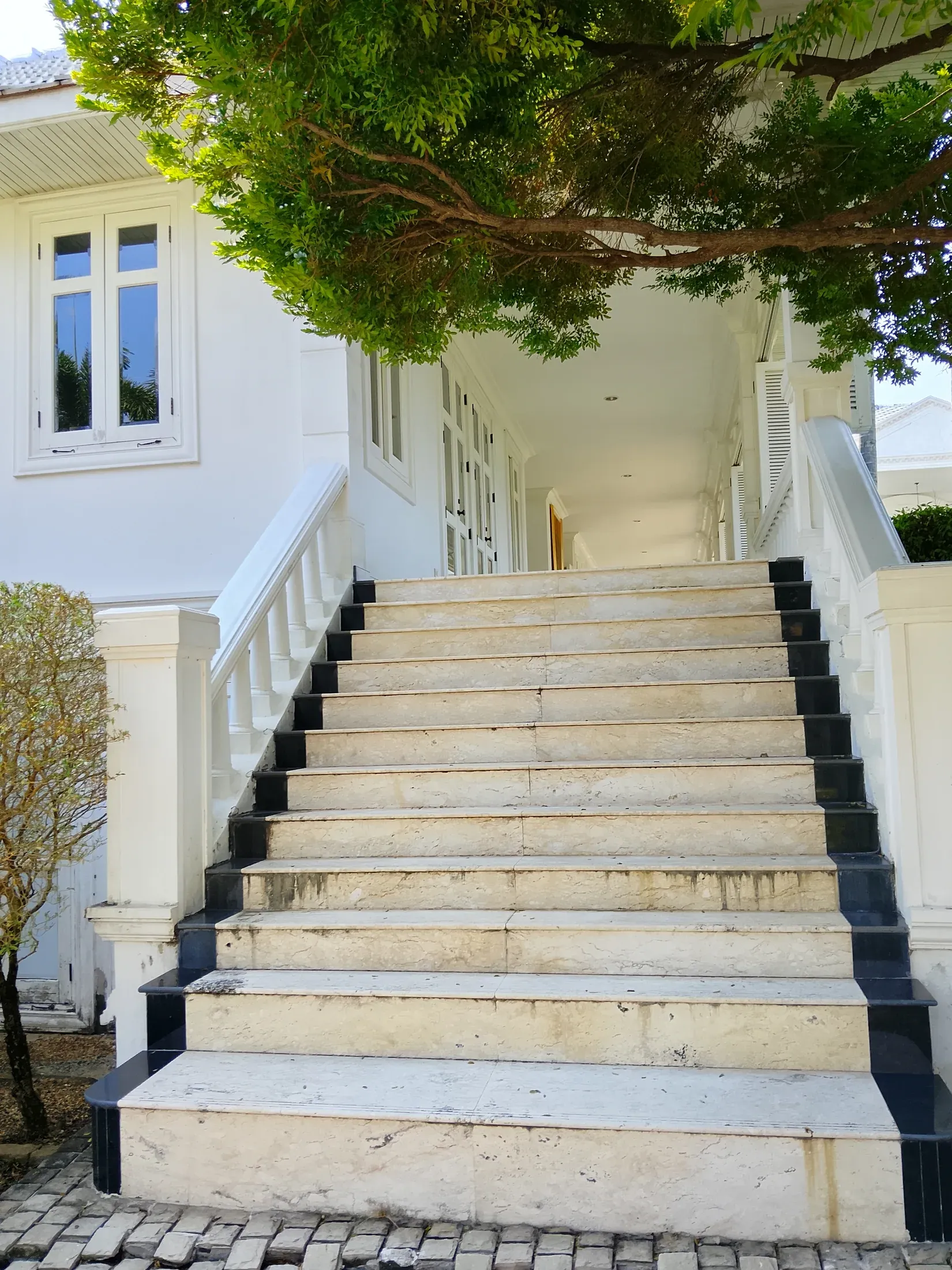 Marble entrance staircase with white balustrades