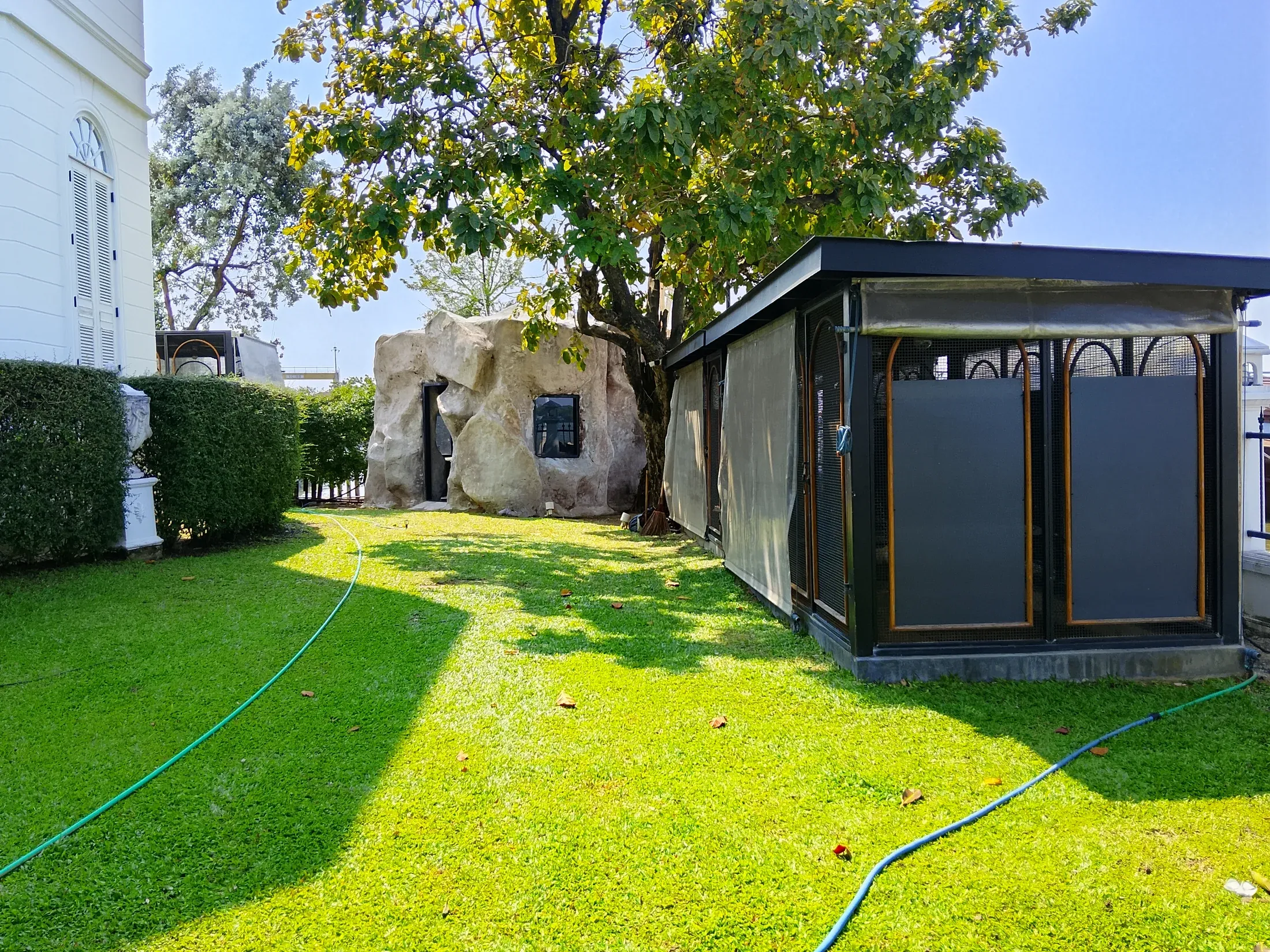 Lawn beside a dark glass garden building
